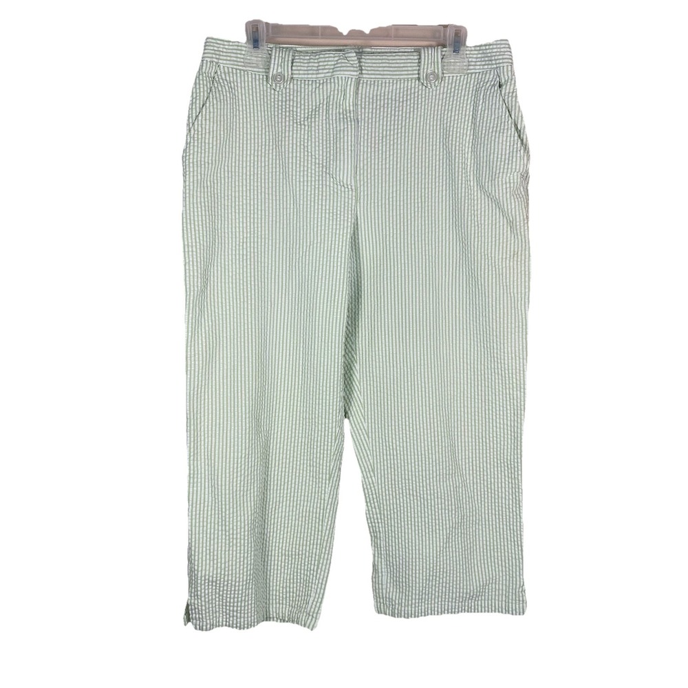 Liz Claiborne Villager Stretch Capri Pants Sz 14 Green White Seersucker Stripe‎